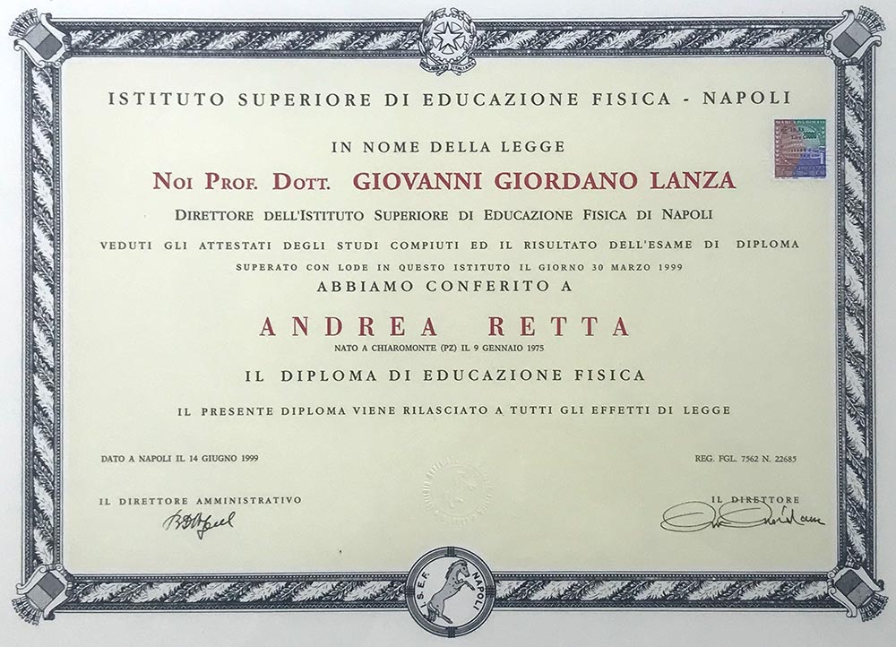 Diploma di educazione fisica Andrea Retta