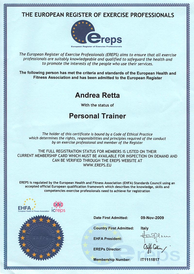 Diploma di personal trainer Andrea Retta